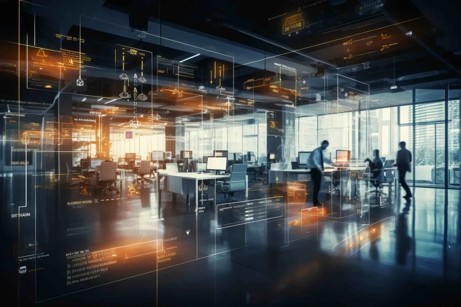 Modern office with digital holographic interface overlays and professionals collaborating at workstations